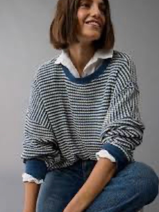 American Eagle Outfitters Sweaters - American Eagle Outfitters Navy & White Striped Waffle Crewneck Pullover, MEDUIM